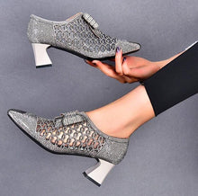 Load image into Gallery viewer, Summer Bling Bling Rhinestone Mesh Pointed toe High Heels Sandals Square Heels Female Crystal Mesh Shoes Sandals
