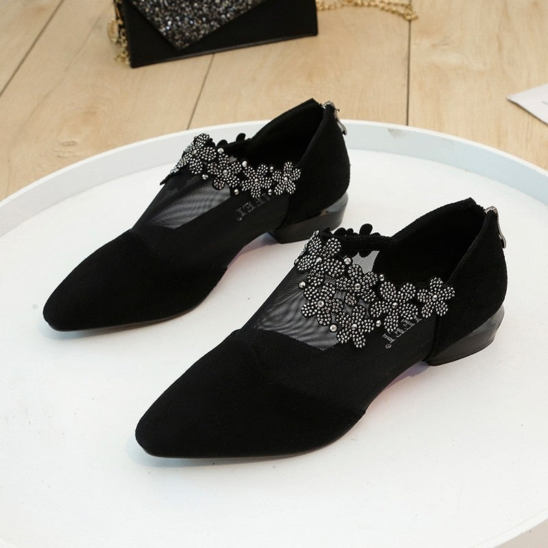 Retro Rhinestone Sandals Women Elegant Flower Square Heel