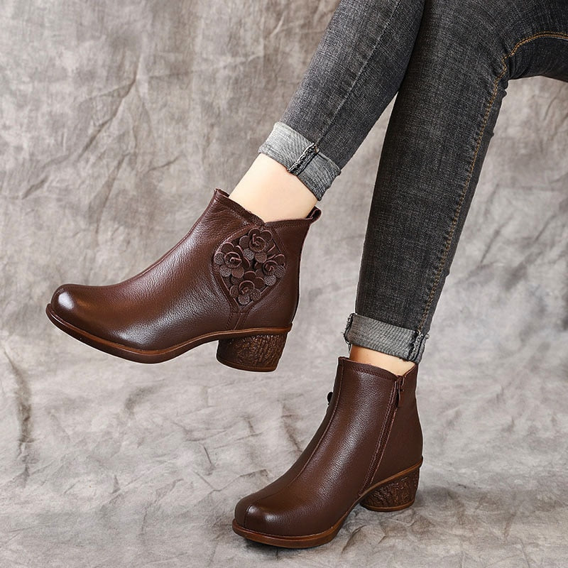 Women Boots Short Boots | Genuine Leather Thick Heels | Women Ankle Boots Retro Flower Zipper Short